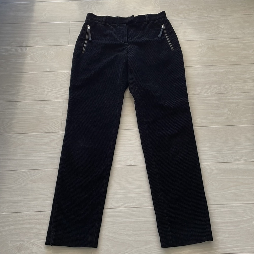 Prada Black Straight Leg Corduroy Pants with Logo on Zipper-pull.